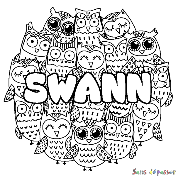 Coloriage pr&eacute;nom SWANN - d&eacute;cor Chouettes