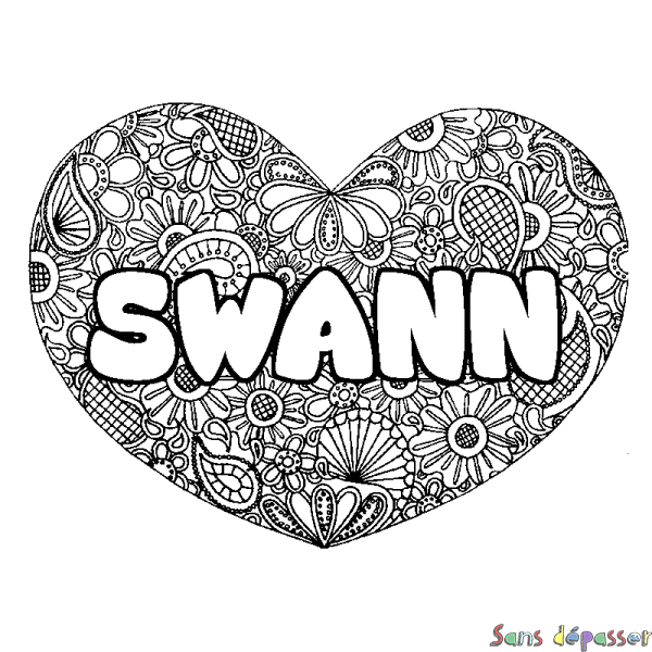 Coloriage pr&eacute;nom SWANN - d&eacute;cor Mandala coeur