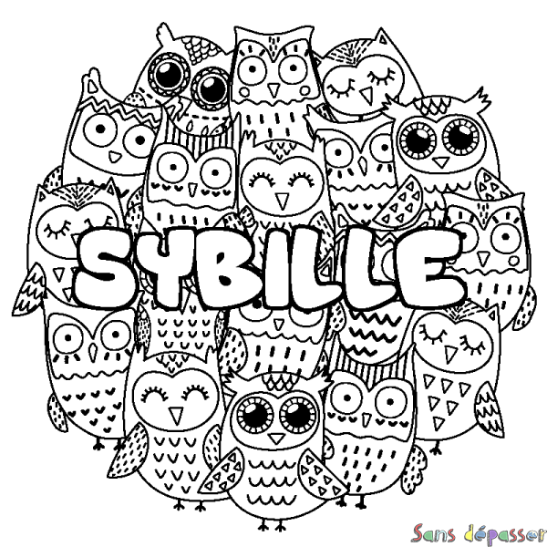 Coloriage pr&eacute;nom SYBILLE - d&eacute;cor Chouettes