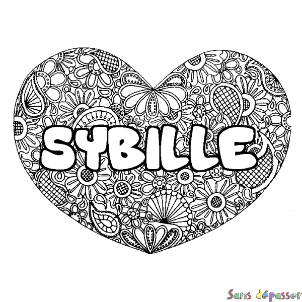 Coloriage pr&eacute;nom SYBILLE - d&eacute;cor Mandala coeur