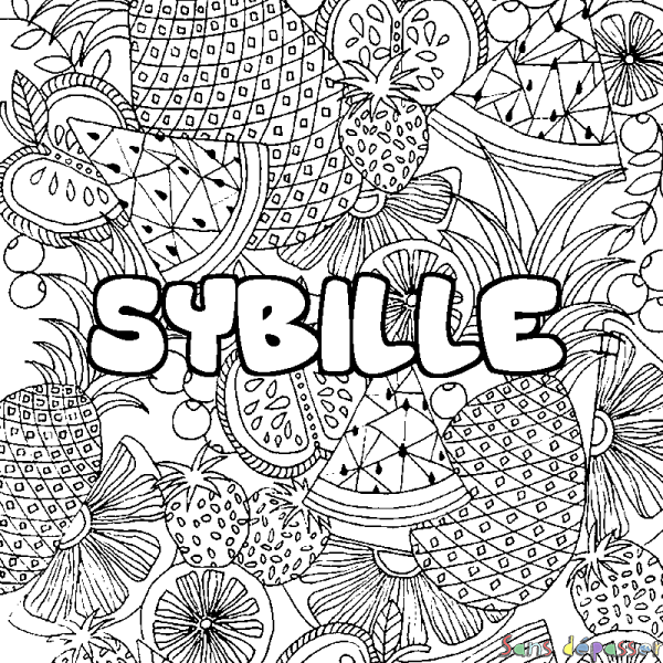 Coloriage pr&eacute;nom SYBILLE - d&eacute;cor Mandala fruits
