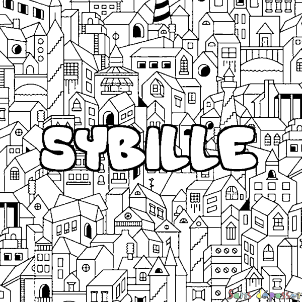 Coloriage pr&eacute;nom SYBILLE - d&eacute;cor Ville