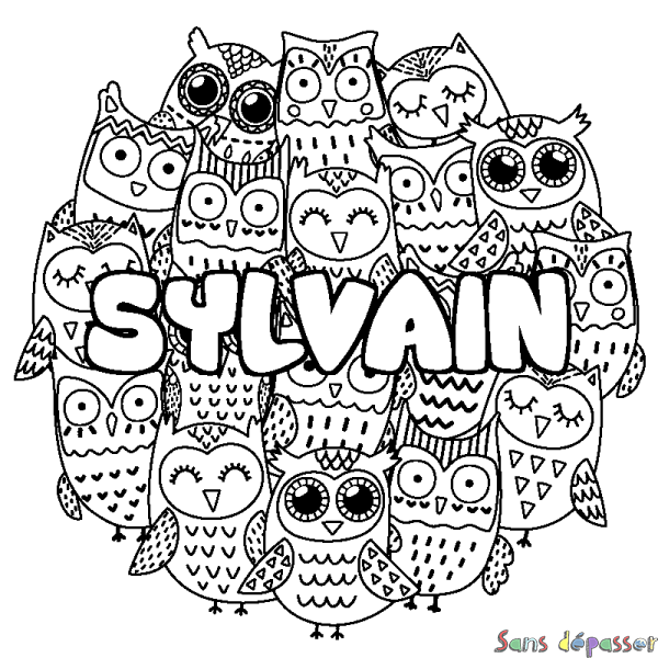 Coloriage pr&eacute;nom SYLVAIN - d&eacute;cor Chouettes