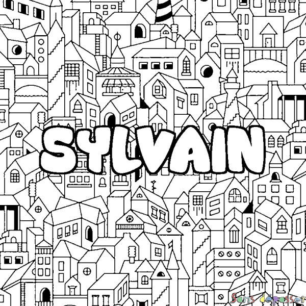 Coloriage pr&eacute;nom SYLVAIN - d&eacute;cor Ville