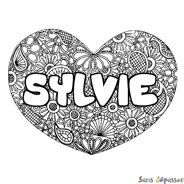 Coloriage pr&eacute;nom SYLVIE - d&eacute;cor Mandala coeur