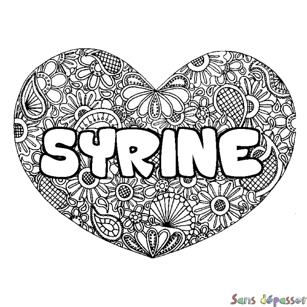 Coloriage pr&eacute;nom SYRINE - d&eacute;cor Mandala coeur