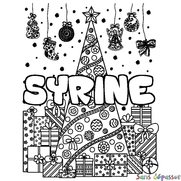 Coloriage pr&eacute;nom SYRINE - d&eacute;cor Sapin et Cadeaux