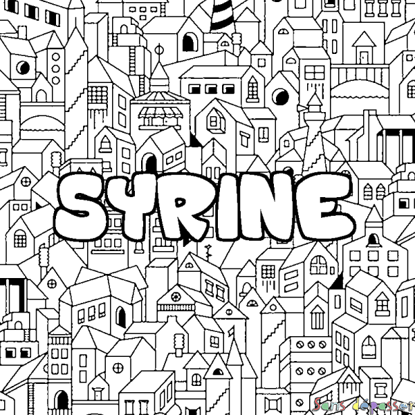 Coloriage pr&eacute;nom SYRINE - d&eacute;cor Ville