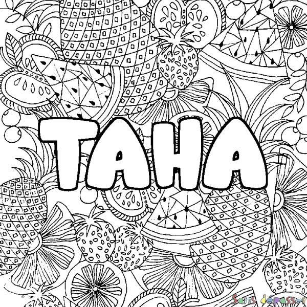 Coloriage prénom TAHA - d&eacute;cor Mandala fruits