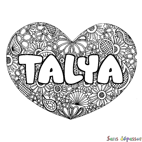 Coloriage pr&eacute;nom TALYA - d&eacute;cor Mandala coeur