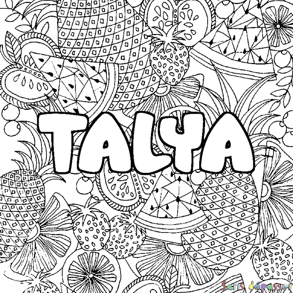 Coloriage pr&eacute;nom TALYA - d&eacute;cor Mandala fruits
