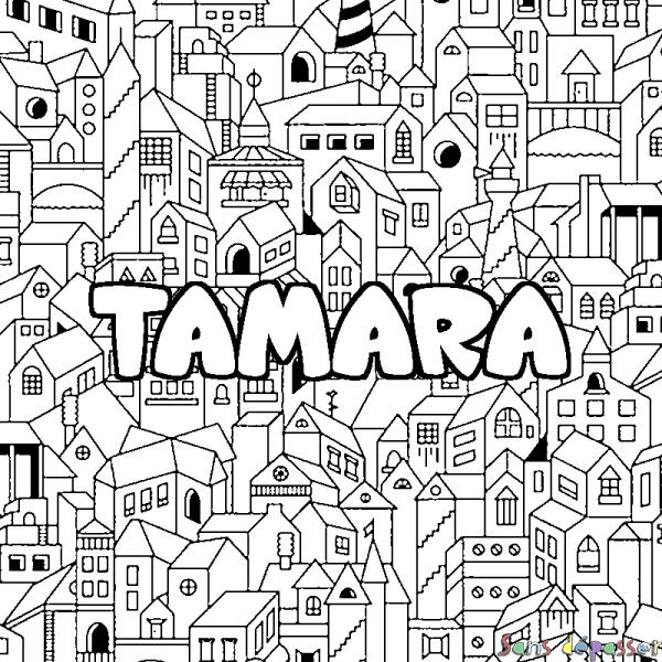 Coloriage pr&eacute;nom TAMARA - d&eacute;cor Ville