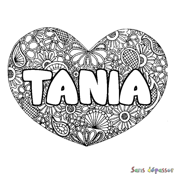 Coloriage prénom TANIA - d&eacute;cor Mandala coeur