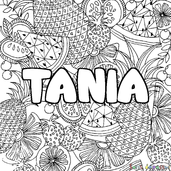 Coloriage pr&eacute;nom TANIA - d&eacute;cor Mandala fruits