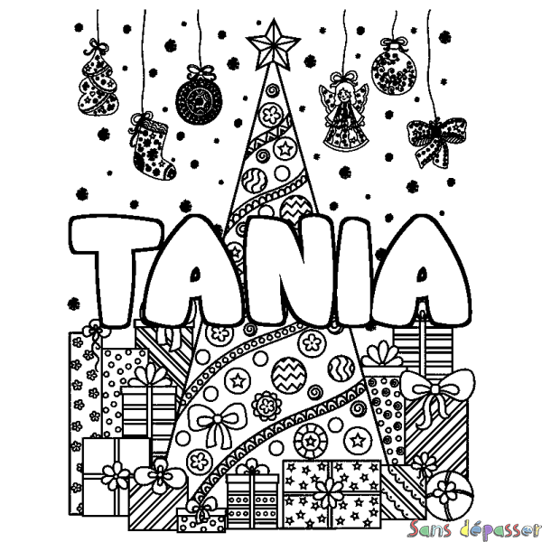Coloriage prénom TANIA - d&eacute;cor Sapin et Cadeaux