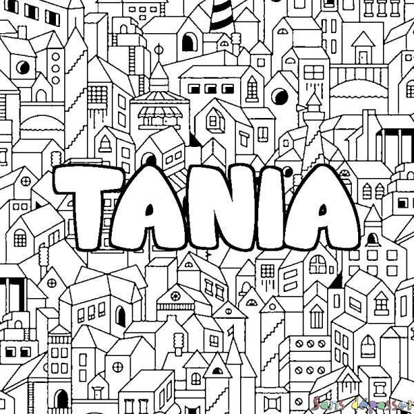 Coloriage pr&eacute;nom TANIA - d&eacute;cor Ville
