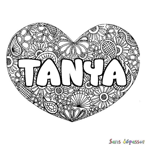 Coloriage prénom TANYA - d&eacute;cor Mandala coeur