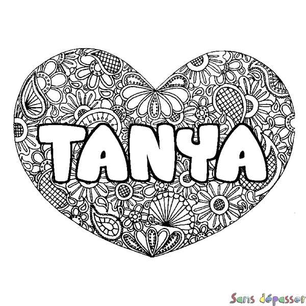 Coloriage pr&eacute;nom TANYA - d&eacute;cor Mandala coeur