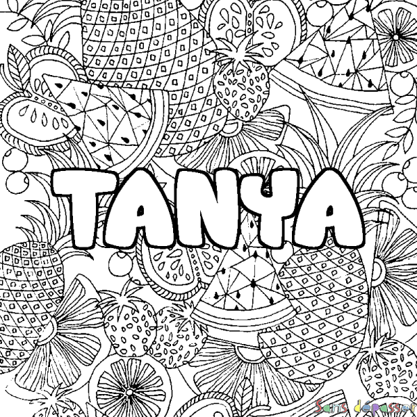 Coloriage pr&eacute;nom TANYA - d&eacute;cor Mandala fruits
