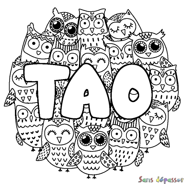 Coloriage pr&eacute;nom TAO - d&eacute;cor Chouettes