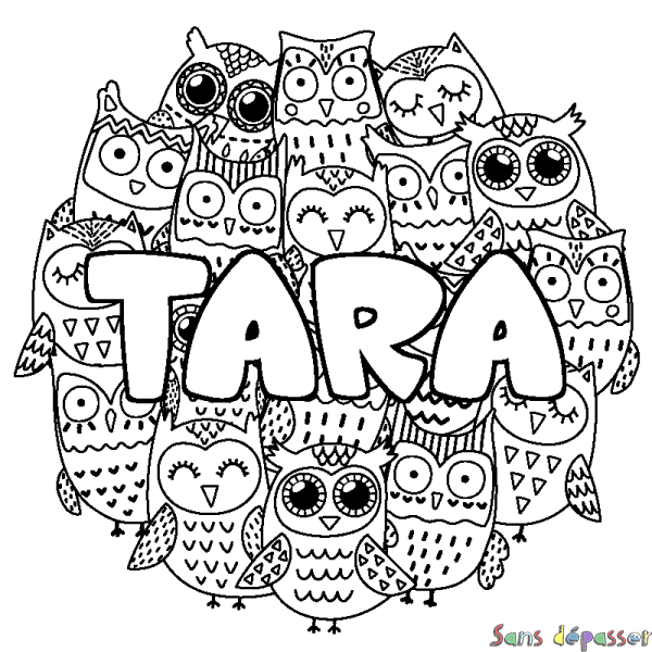 Coloriage pr&eacute;nom TARA - d&eacute;cor Chouettes