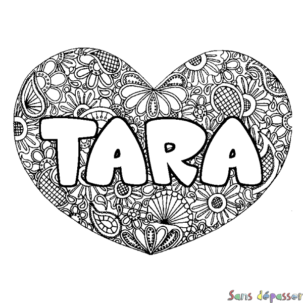 Coloriage prénom TARA - d&eacute;cor Mandala coeur