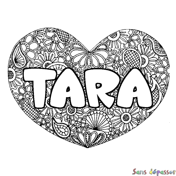 Coloriage pr&eacute;nom TARA - d&eacute;cor Mandala coeur