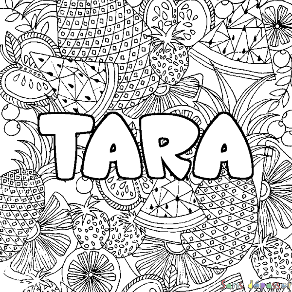 Coloriage pr&eacute;nom TARA - d&eacute;cor Mandala fruits