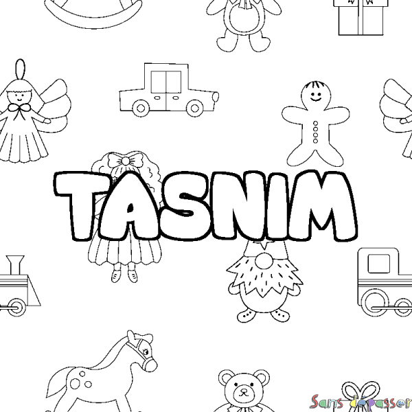 Coloriage pr&eacute;nom TASNIM - d&eacute;cor Jouets