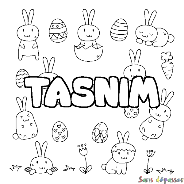 Coloriage pr&eacute;nom TASNIM - d&eacute;cor Paques