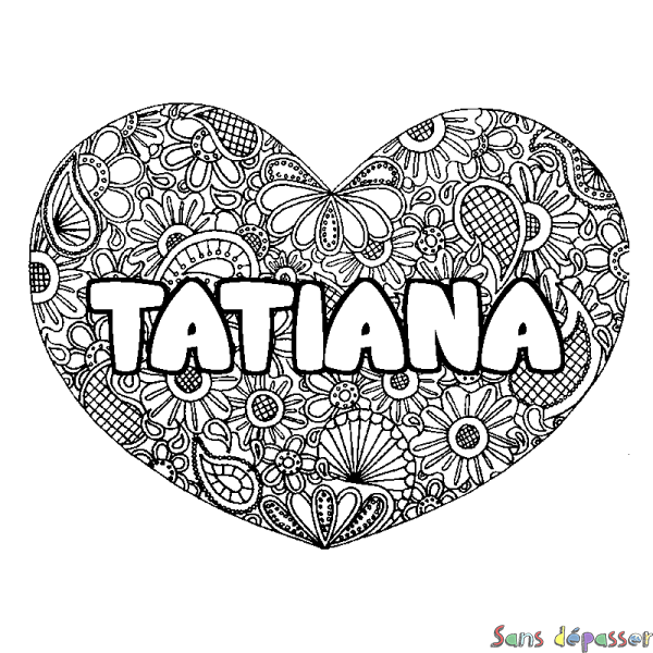 Coloriage prénom TATIANA - d&eacute;cor Mandala coeur