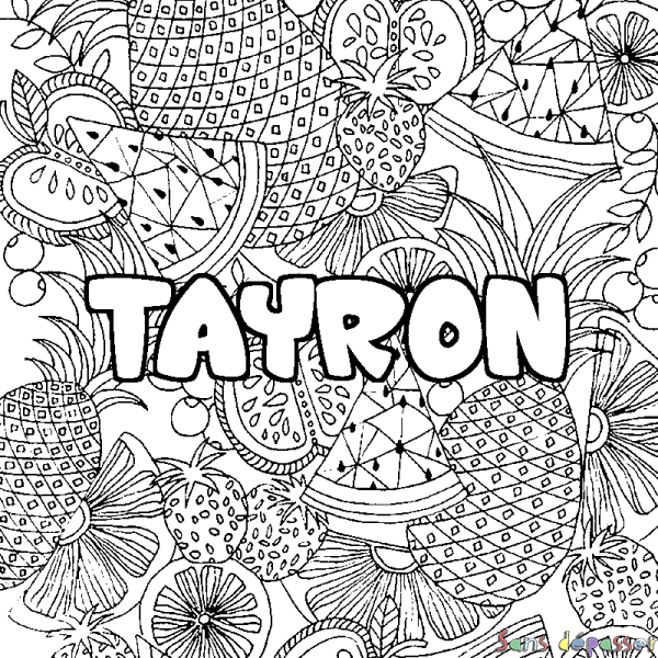 Coloriage pr&eacute;nom TAYRON - d&eacute;cor Mandala fruits