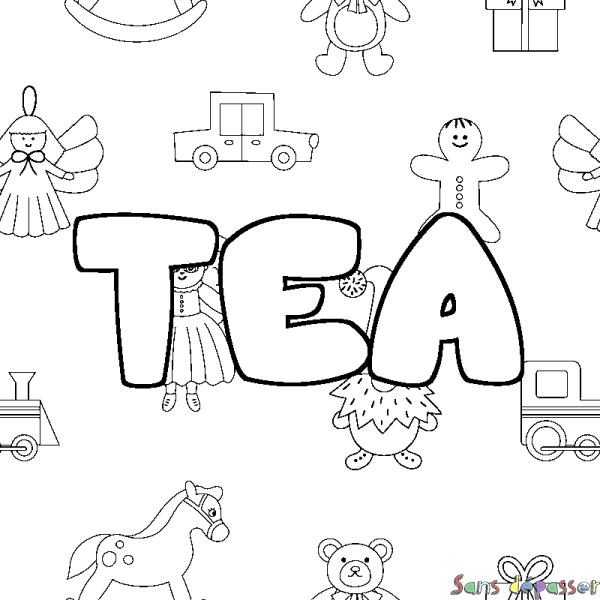Coloriage pr&eacute;nom TEA - d&eacute;cor Jouets