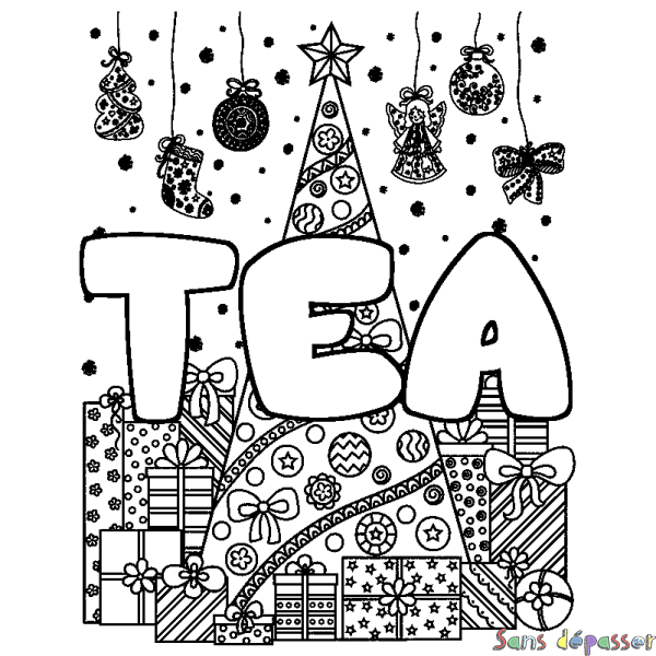 Coloriage pr&eacute;nom TEA - d&eacute;cor Sapin et Cadeaux