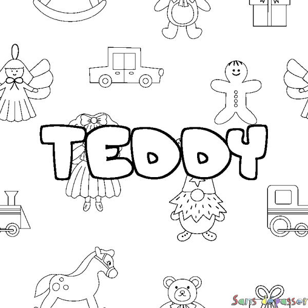 Coloriage pr&eacute;nom TEDDY - d&eacute;cor Jouets