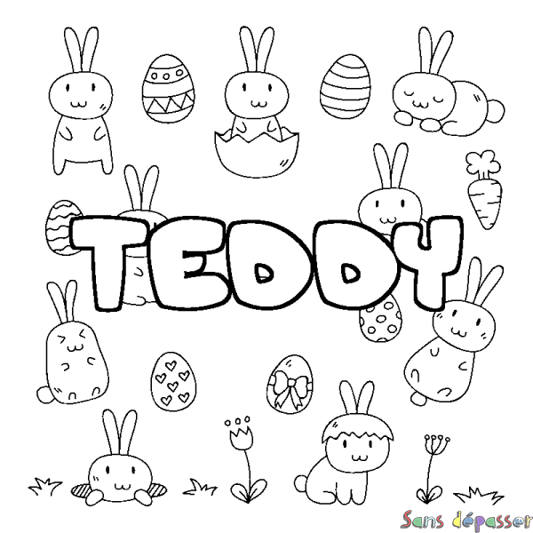 Coloriage pr&eacute;nom TEDDY - d&eacute;cor Paques