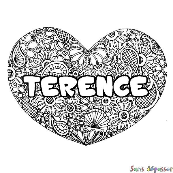 Coloriage pr&eacute;nom TERENCE - d&eacute;cor Mandala coeur