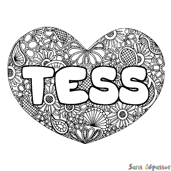 Coloriage prénom TESS - d&eacute;cor Mandala coeur