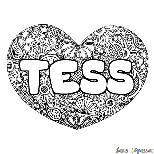 Coloriage pr&eacute;nom TESS - d&eacute;cor Mandala coeur
