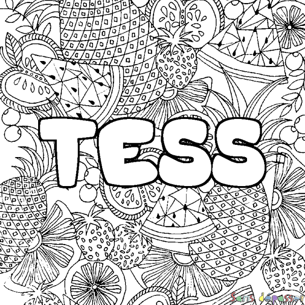 Coloriage pr&eacute;nom TESS - d&eacute;cor Mandala fruits