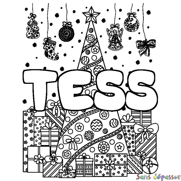 Coloriage prénom TESS - d&eacute;cor Sapin et Cadeaux