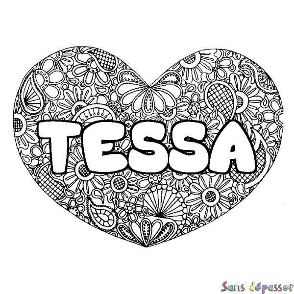 Coloriage prénom TESSA - d&eacute;cor Mandala coeur