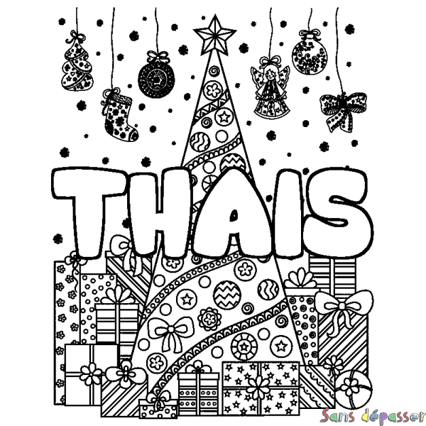 Coloriage pr&eacute;nom THAIS - d&eacute;cor Sapin et Cadeaux