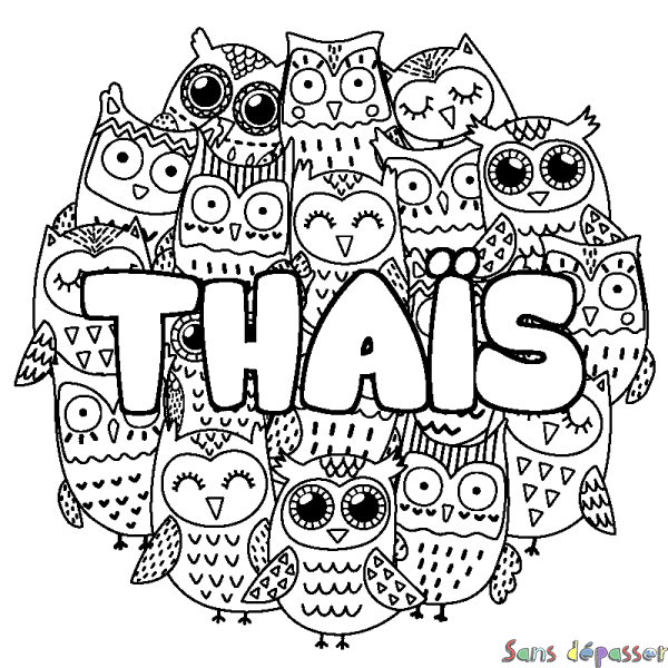 Coloriage pr&eacute;nom THA&Iuml;S - d&eacute;cor Chouettes