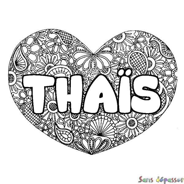 Coloriage pr&eacute;nom THA&Iuml;S - d&eacute;cor Mandala coeur