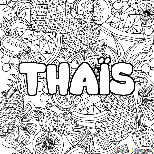 Coloriage pr&eacute;nom THA&Iuml;S - d&eacute;cor Mandala fruits