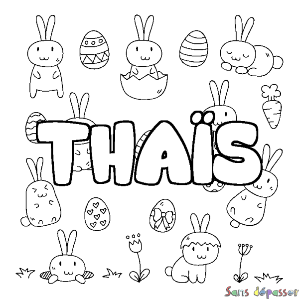 Coloriage pr&eacute;nom THA&Iuml;S - d&eacute;cor Paques