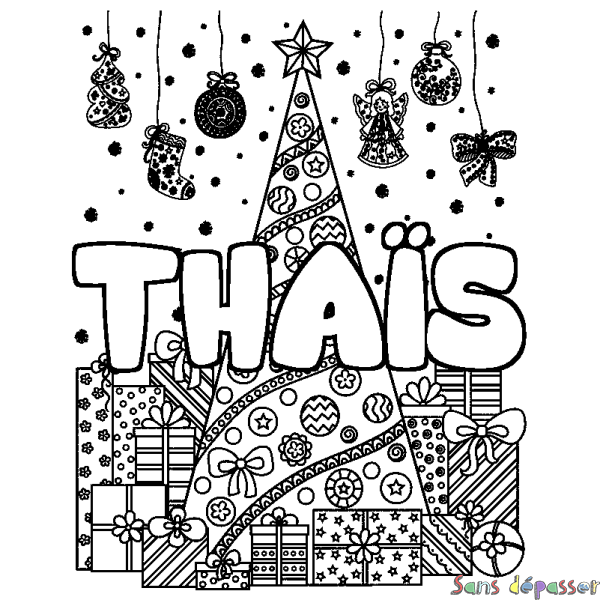Coloriage pr&eacute;nom THA&Iuml;S - d&eacute;cor Sapin et Cadeaux