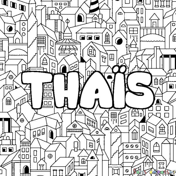 Coloriage pr&eacute;nom THA&Iuml;S - d&eacute;cor Ville