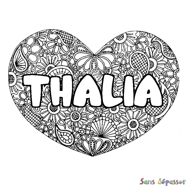 Coloriage prénom THALIA - d&eacute;cor Mandala coeur